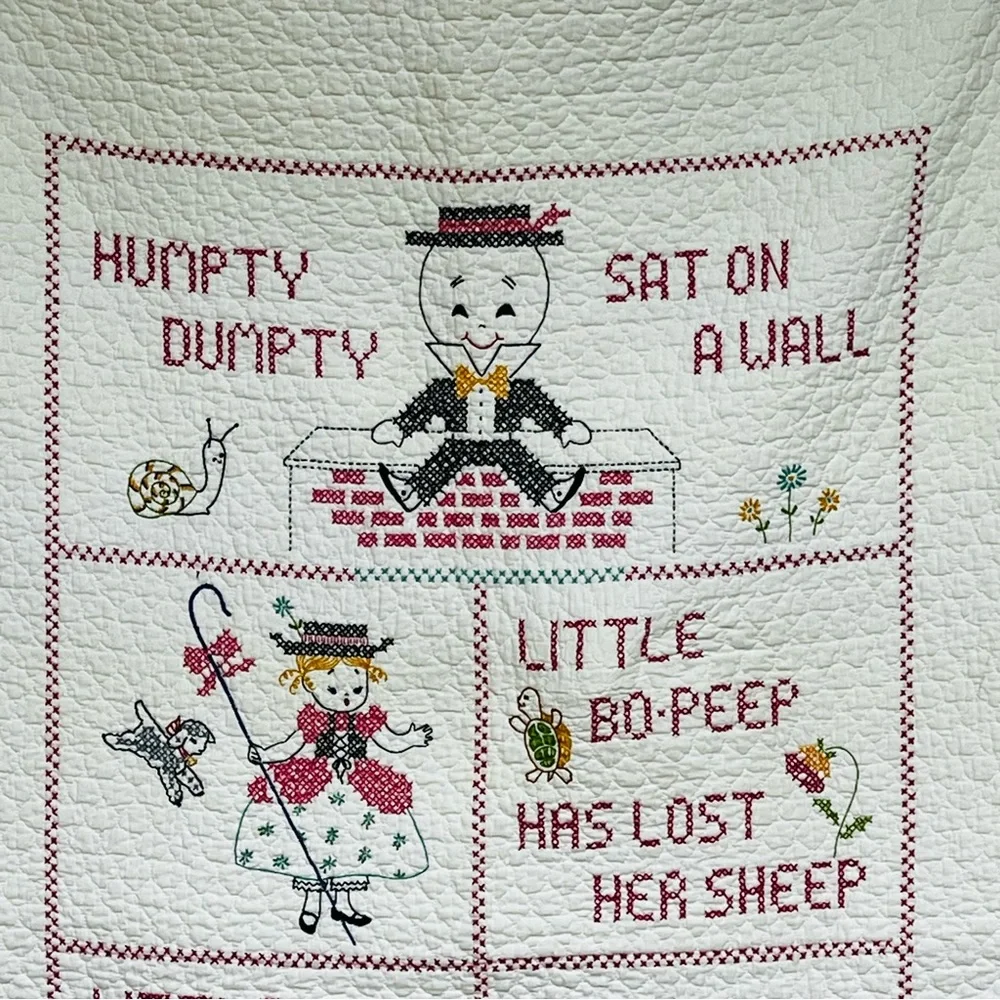 Vintage Nursery Rhyme Cross Stitch Baby Crib Quilt